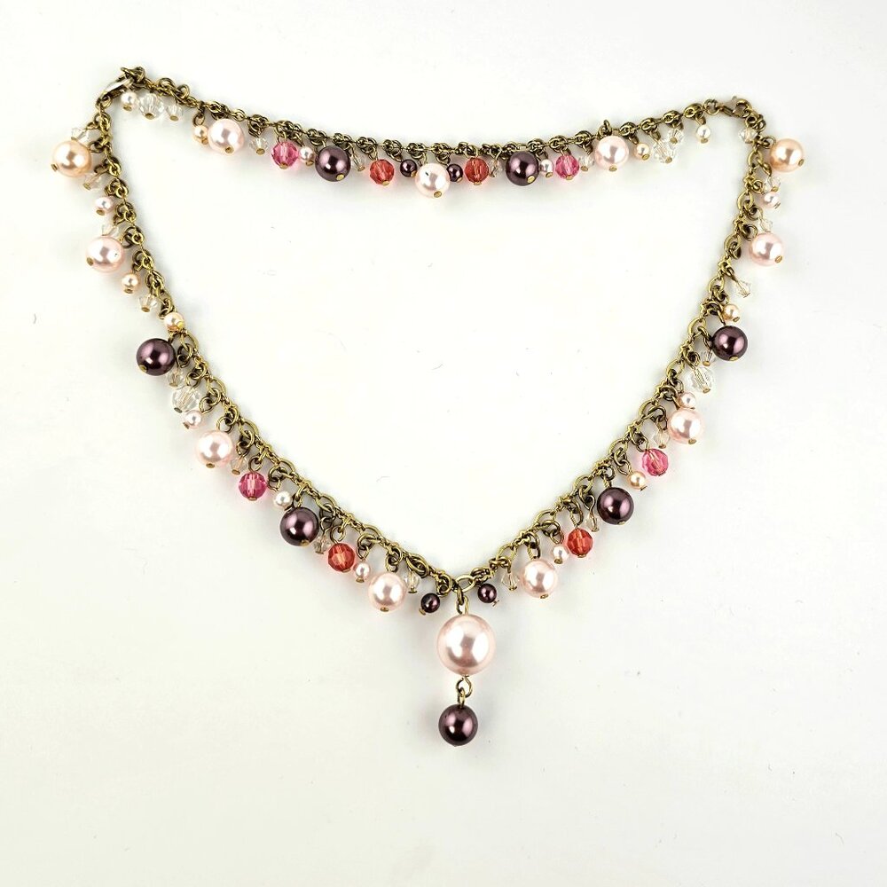 Gold Tone Blush Pearl & Crystal Charm Necklace